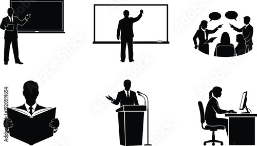 Black Vector Silhouette Illustrations of Teachers Lecturing Professors Presenting and Students Reading for Education Academic Training and Business Corporate Seminar Presentation Concepts