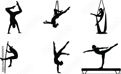 Black Vector Silhouette Illustrations of Gymnasts and Aerial Artists Performing Acrobatic Poses Handstands and Silk Routines for Fitness Gym and Circus Branding