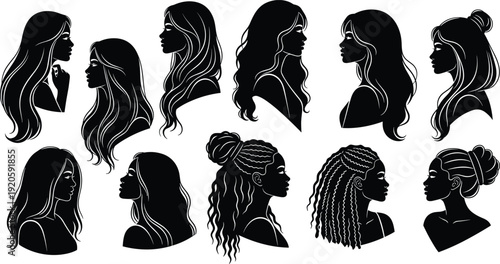 Black Vector Silhouette Illustrations of Hikers Backpacking Climbing Mountains Using Trekking Poles and Reading Maps for Outdoor Adventure and Wilderness Travel Branding