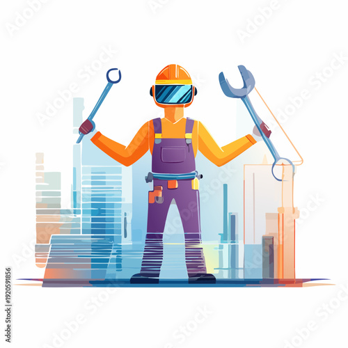 Innovative technician wearing VR headset and holding wrenches on abstract city background