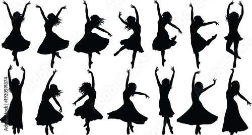 Black Vector Silhouette Illustrations of Women Dancing Ballet and Contemporary Dance in Elegant Dresses for Performance Arts Stage Theatre and Fitness Branding