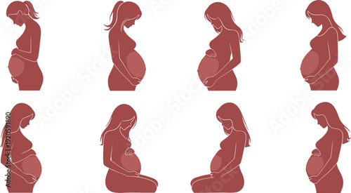 Elegant Maroon Silhouette Collection of Pregnant Women in Different Poses Cradling Baby Bump, Maternity and Motherhood Illustration for Prenatal Care Concepts