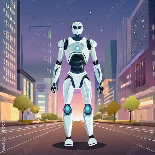 Sleek white metallic android standing confidently in a modern futuristic city at twilight