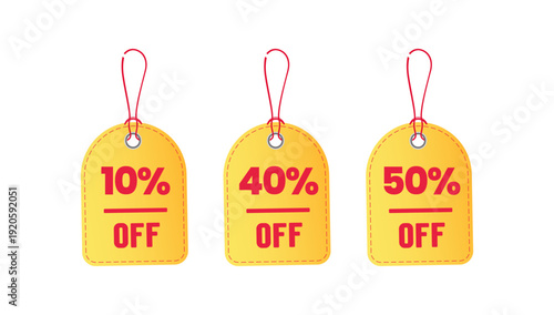 Discount percentage tags featuring twenty, forty, and fifty percent offers in bold vector style for retail sales promotions