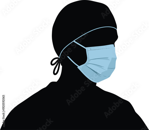 Black Vector Silhouette Profile of a Medical Professional Wearing a Surgical Mask and Scrub Cap for Healthcare Hospital and Clinic Branding