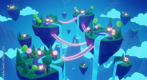 Magical floating islands with waterfalls and glowing bridges in fantasy world