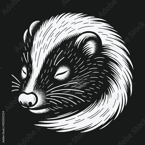 Monochrome Skunk Portrait: A Detailed Engraving Style Illustration.