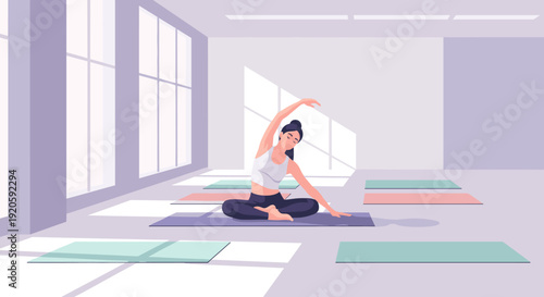 A woman in a white top and black pants practices yoga in a bright, spacious room with large windows.