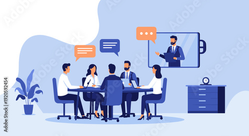 A team of professionals participates in a video conference meeting, discussing ideas.