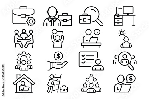 Business management and human resources line icon set. Employment, recruitment, career growth, and office work symbols isolated on white background.
