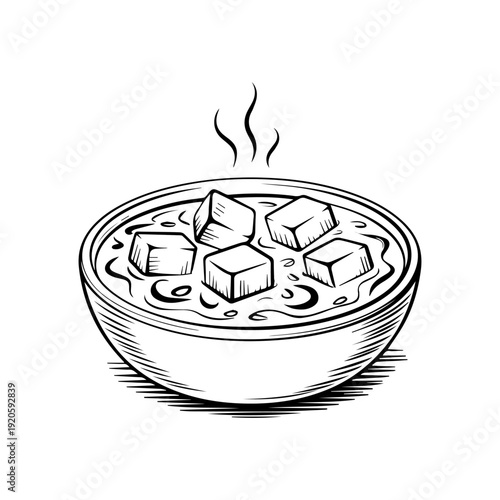 Palak Paneer Sketch Illustration of Spinach Curry with Fried Cottage Cheese Cubes in Bowl