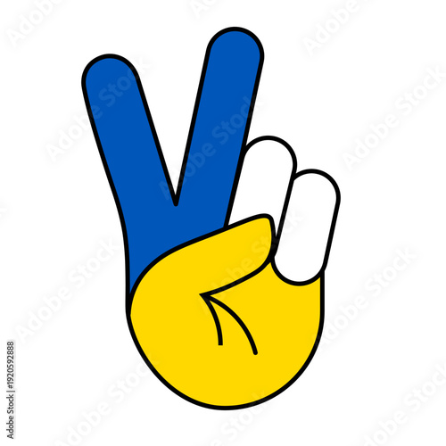 Peace hand sign in Ukraine national colors, isolated on a transparent background. Vector