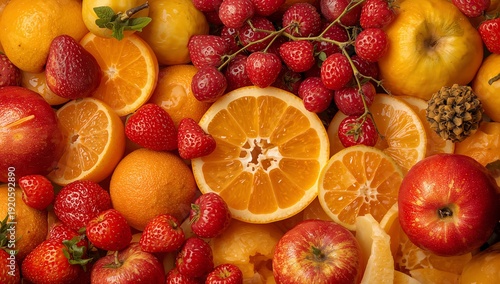 Colorful Display of Fresh Fruits on a Table With Oranges, Apples, and Strawbe...
