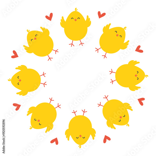 Cute yellow chicks with a hearts arranged in a circular pattern. Adorable wreath for Easter or spring designs. PNG and Vector illustration