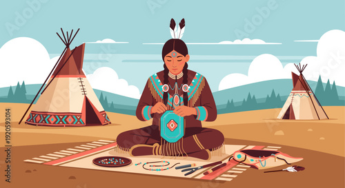 A Native American woman sits weaving a dreamcatcher on a rug in front of tipis, with a landscape background.