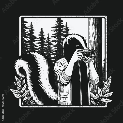 Skunk Photographer in the Woods: A Black and White Illustration.