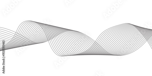 Stylized modern abstract wave design with gray flowing curved lines on a white background, featuring smooth layered transparency, digital motion energy, and a tech business-friendly vector look