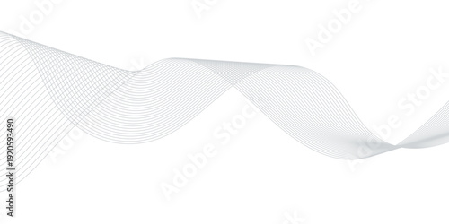Stylized modern abstract wave design with gray flowing curved lines on a white background, featuring smooth layered transparency, digital motion energy, and a tech business-friendly vector look