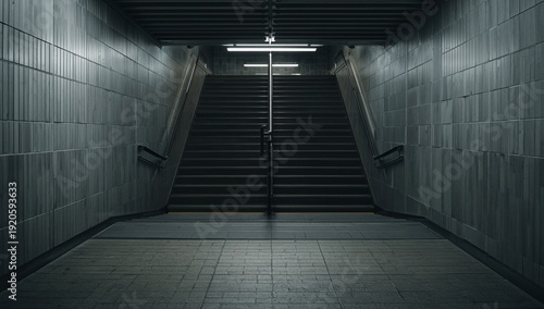 Stairs Lead to Upper Level at Modern Subway Station During Evening Hours