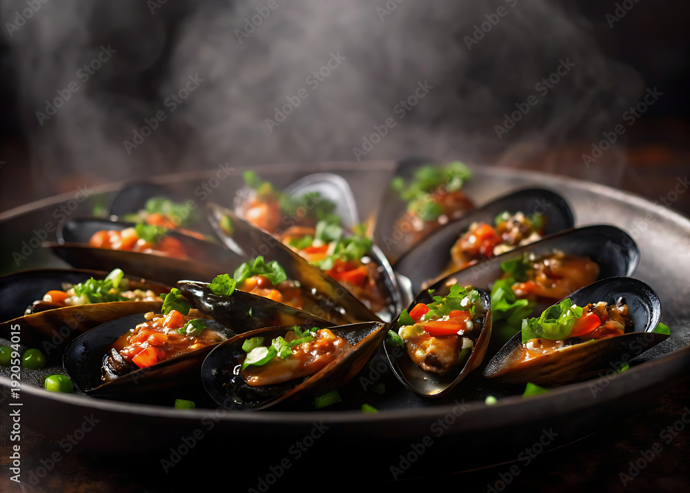Fototapeta premium Steaming mussels in spicy red sauce with herbs, dark moody closeup 