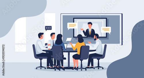 Group of people having a meeting in a conference room with a video conference call on a screen.