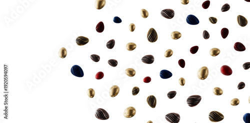 Artistic rendering of various colored eggs floating against a white background. Perfect for Easter, design, or decorativ