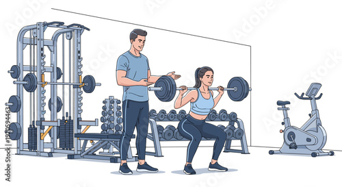 A woman performs a barbell squat with a trainer supervising in a gym setting with exercise equipment.
