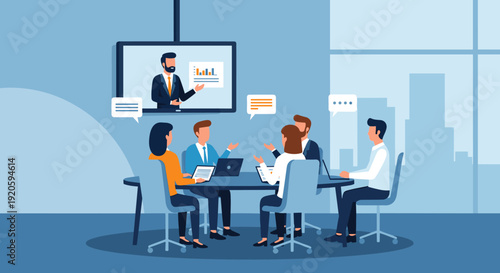 Business team having a video conference meeting with a presenter on a screen, discussing charts and data.