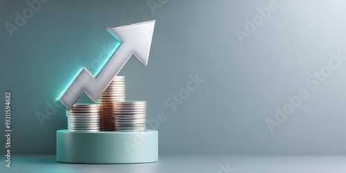 Minimalist 3D pedestal with arrow and coins symbolizing profit and financial gain after expenses, clean neon lighting.
