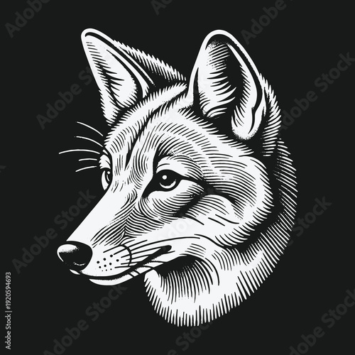 Detailed Engraving of a Coyote Head on Black Background.