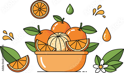 Citrus fruit set with fresh oranges in a bowl, orange slices, green leaves, white flowers and juice drops on white background.