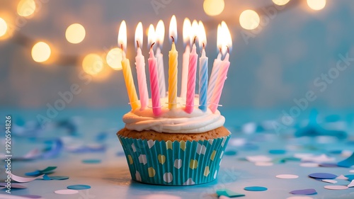 A close up of a birthday cupcake with colorful candles on and confetti around it blue