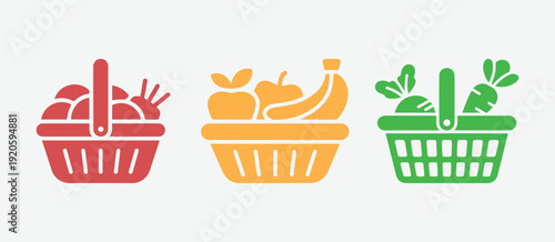 Colorful grocery baskets filled with fresh produce icons