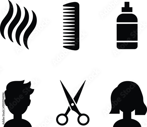 Hairdressing Icons Set: Spray Bottle Comb Waves Hair Dryer Scissors Styled Hair