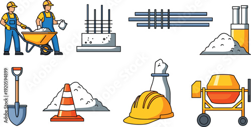 Construction site set with workers, cement mixer, wheelbarrow, safety helmet, shovel and building materials on white background.