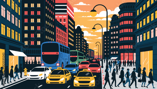 Evening Rush Hour in Crowded City with Traffic Flat Vector Illustration