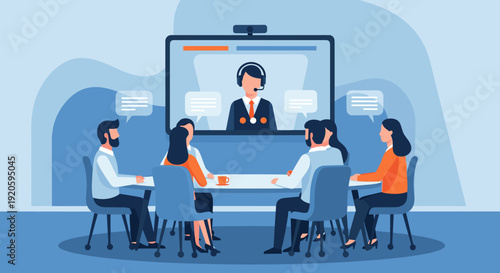 A team of people engaging in a video conference meeting, collaborating remotely.