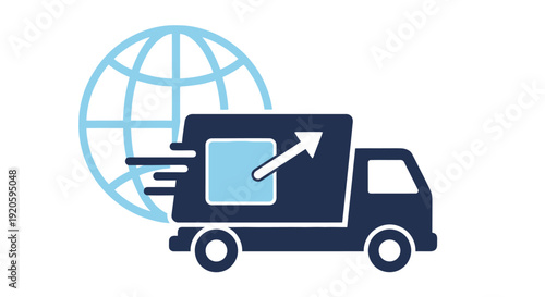 Blue delivery truck icon with a globe background representing global logistics