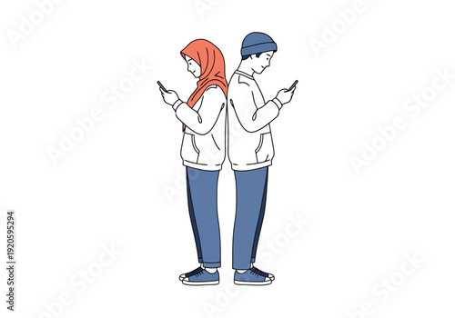 Couple Facing Away From Each Other Each Looking At Their Mobile Phones Digital Connection Disconnect Concept