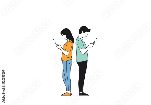 Two people stand back to back engrossed in their mobile devices ignoring each other in a silent disconnect representing modern communication distance