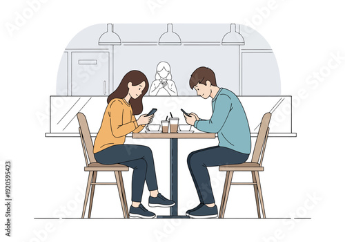 Couple Sitting At Cafe Table Each Focused On Their Mobile Phones Ignoring Each Other Technology Addiction Concept