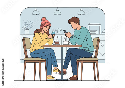 Couple Sitting At Cafe Table Looking Down At Their Mobile Phones Instead Of Interacting With Each Other While Enjoying Drinks
