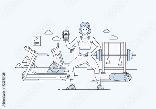 Woman holding nutrition supplement bottle in modern gym interior with cardio equipment and weightlifting rack for fitness lifestyle