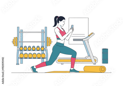 Woman performing lunge exercise while checking smartphone screen during home fitness routine with exercise equipment in background