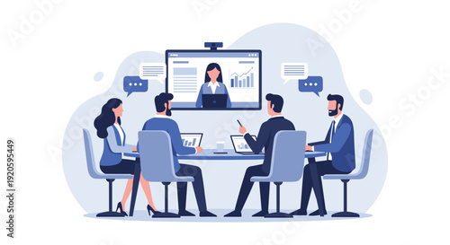 A team of professionals in a meeting, engaged in a video conference call.