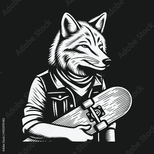 Cool Fox Skateboarder: A Stylish Animal Illustration in Black and White.