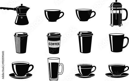 Set of coffee and tea icons featuring various cups mugs French press espresso pot and disposable takeout containers for cafes