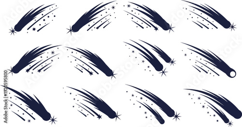 Comet meteor falling star flat vector silhouette set