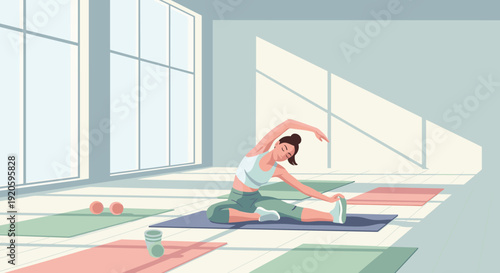 A woman stretches on a yoga mat in a brightly lit studio.