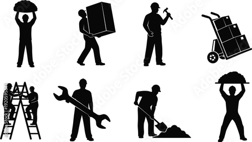 Set of construction and warehouse worker silhouettes carrying boxes using hand trucks climbing ladders and digging for industrial repair projects